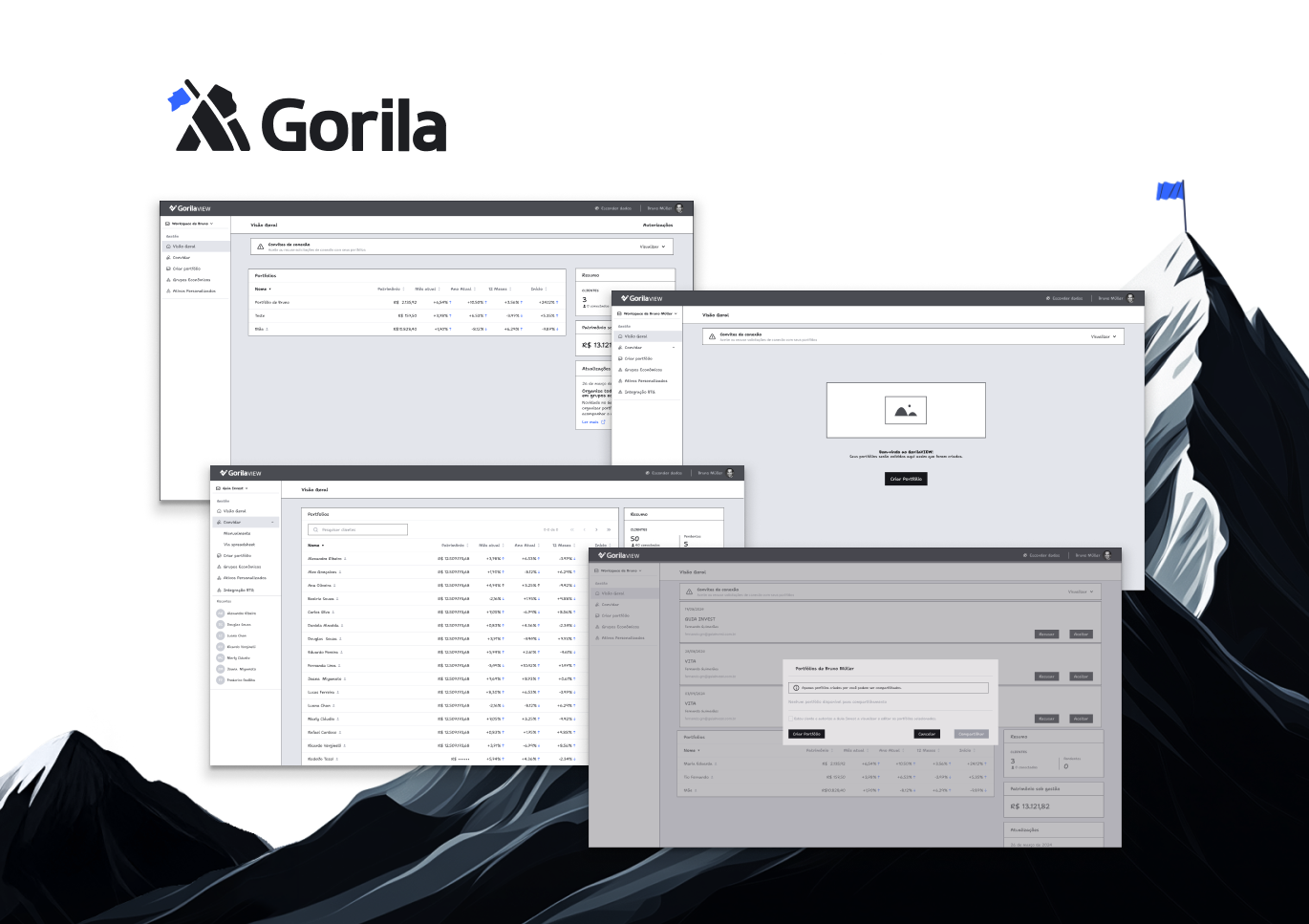 Composição do projeto Portfolio Connect — wireframes empilhados sobre ilustração de montanha do GorilaVIEW