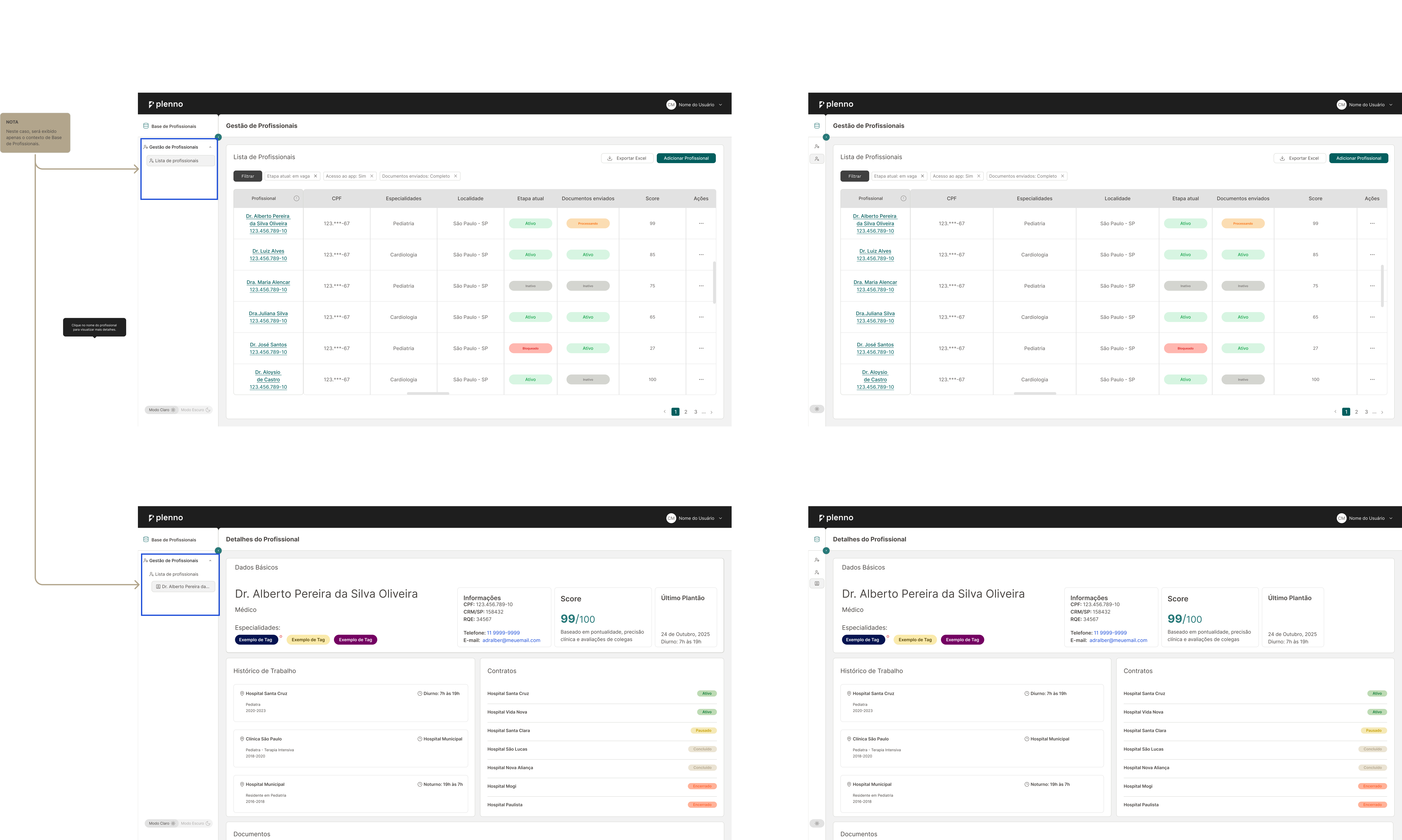 Mapa do contexto Base Global no Figma — Sidebar expandida e colapsada com Lista de Profissionais e Detalhes do Profissional